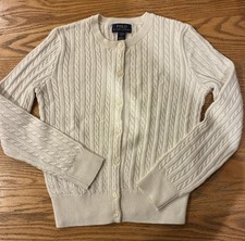 Polo Ralph Lauren Girl's S 7 Cable Knit Cardigan Sweater Ivory Logo Perfect