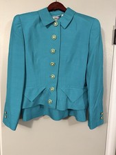 Carlisle 2Pc Suit Womens Turquoise Gold Button Blazer SZ 10 / Skirt Sz 8 Silk