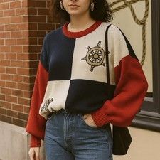 VTG Aurea Nautical Sailing Sweater 100 Combed Cotton Red White  Blue Size L