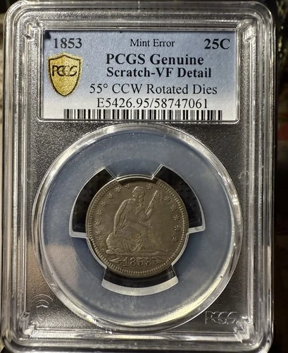 1853 25c Arrows and Rays Liberty Seated 55 Degrees CCW Rotated Dies VF Scratched