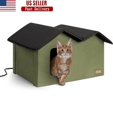 Heated Outdoor Cat House Insulated Weatherproof Shelter 2 Cats W/ Escape Exits