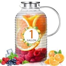 1 Gallon Glass Pitcher with Lid and Spout, 128oz Glass Water Jug, leakproof C...