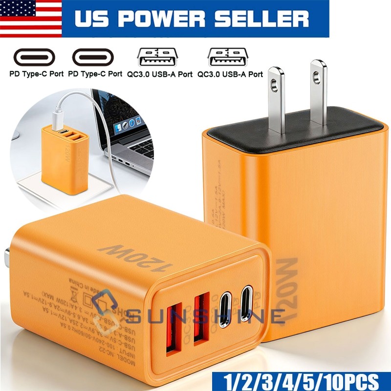 120W 4-Port USB C Fast Wall Charger Block All Cell Phone 16 