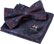 Mens Floral Pattern Pre-Tied Bow Tie, Pocket Square and Cufflinks Set