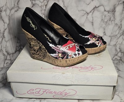 ED HARDY Y2K Coralie Floral Cork Wedges Heel Size 6 Peep Toe Tattoo Black