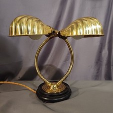 Vintage Christopher Wray brass flexible gooseneck double clamshell desk lamp.