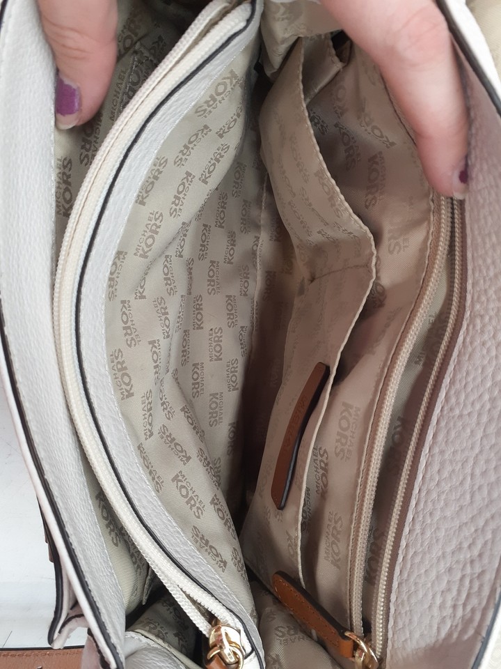 Michael Kors Margo White/ Brown Pebbled Leather Crossbody Handbag Purse