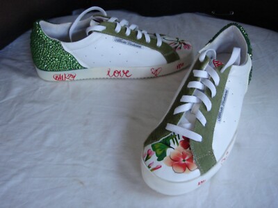 ALBERTO VENTURINI Italian White Green Studded Floral Shoes Sneaker Womens 9.5-10