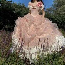 Fairytale Pink Victorian Wedding Dresses Off Shoulder 3D Floral Bridal Gowns