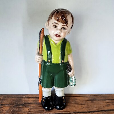 Vintage - 7'' Ceramic Boy Walking Stick Sack Figurine, Hand Painted Signed Lil 66