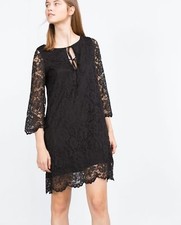 Zara Black Tie Neckline Scalloped Straight Cut Guipure Lace Dress 8342/254 S