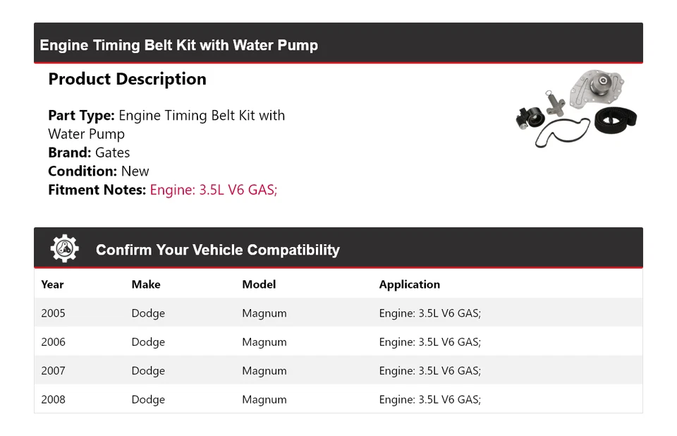 Kit de correa de distribución de motor Dodge Magnum 2005-2008 con puertas de bomba de agua 2006 Foto 2 de 3