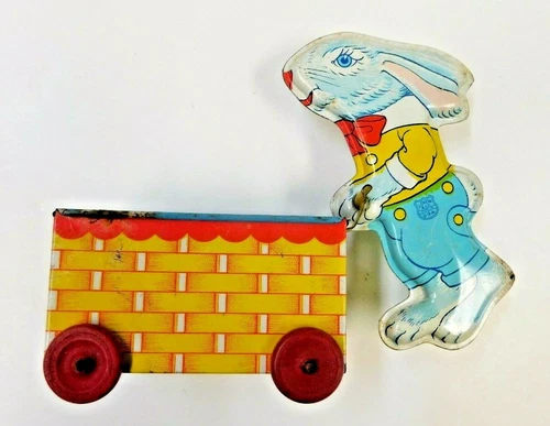 VINTAGE J. CHEIN & Co TIN RABBIT PUSHING CART, 5" X 6 1/2", VERY NICE CONDITION
