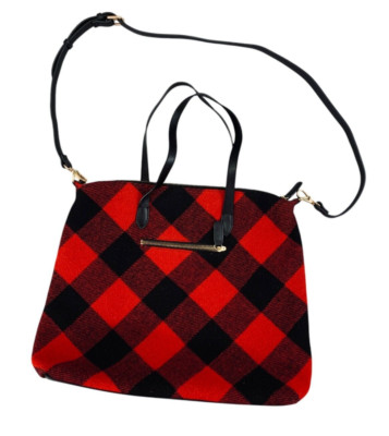 Talbots Women's black red buffalo plaid wool zip tote bag weekender