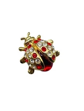 Vintage Lady Bug Pin brooch Signed DT Red Rhinestones Gold Tone Metal Bug Instec