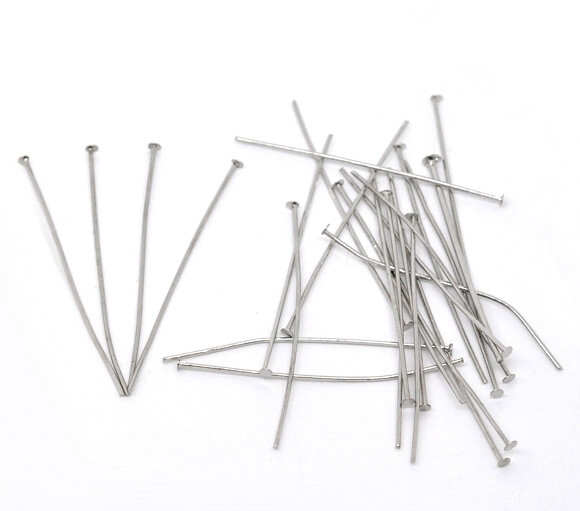 Head Pins 100pcs - 50mm x 0.7mm 21 Gauge - Silver Tone - Jewellery Findings Loop