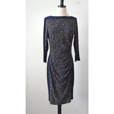 Lauren Ralph Lauren Cheetah Navy Blue Midi Knee Length Stretchy Womens Dress 8