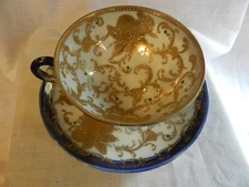 ONE Vintage cup and saucer Hand Painted M.N. Cobalt and Gold green dots