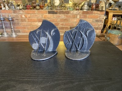 Pair Vintage Mid Century Cast Iron Space Age Atomic Moon Sun Eclipse Bookends