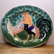 Vintage Platter Large Chickens Hens Rooster Hand Painted Oxney Green Country 