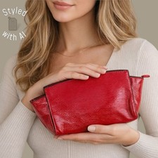 Est e Lauder Red Faux Epi Leather Cosmetic Bag Trapezoid Makeup Pouch L: 10.25"
