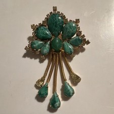 Hobe Vintage Flower Brooch Green Glass Teardrop Stones Gold Tone Signed