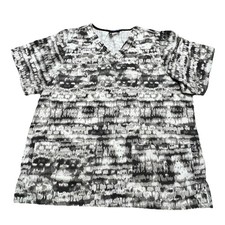 Tafford Scrub Top Medium Black Gray Abstract Print V Neck Nurse