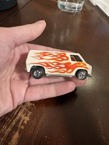 Vintage Hot Wheels, White Van w/ Flames, 1974 Malaysia