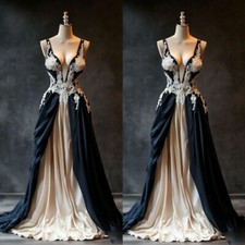 Vintage Champagne and Black Wedding Dresses Deep V Neck A Line Bridal Gowns