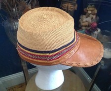 Ghana Ghanian Weave/ with Leather Brim Ethnic/ Cultural Fitted Hat Hand Made