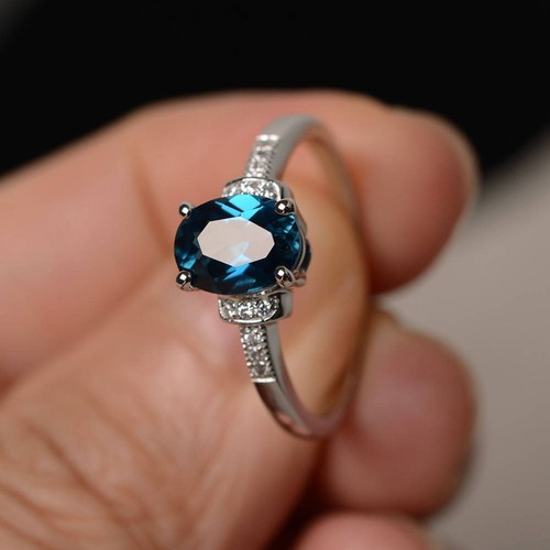 Anillo de compromiso real de topacio azul londinense plata esterlina corte ovalado para mujer - Imagen 2 de 4