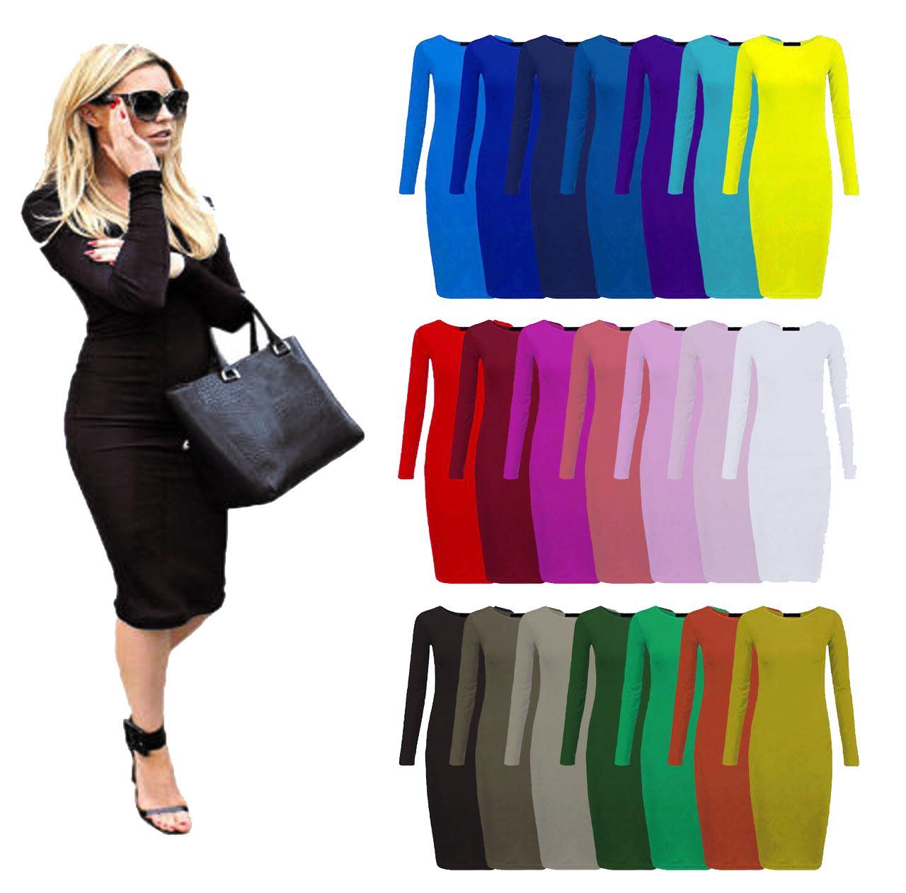 New Womens Plain Long Sleeve Stretch 