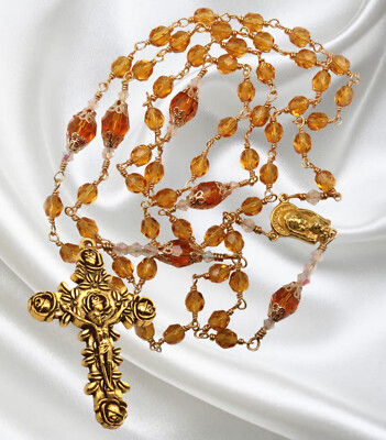 Unbreakable Handmade Catholic Rosary, Topaz Czech Crystals, Ornate Crucifix