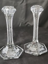 ART DECO CLEAR CUT GLASS 8.5” CANDLESTICKS W/ HOBSTAR DESIGN