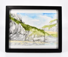Framed Watercolor Landscape Trees Rocky Hills Sky Signed S EDDY 9.75" x 7"