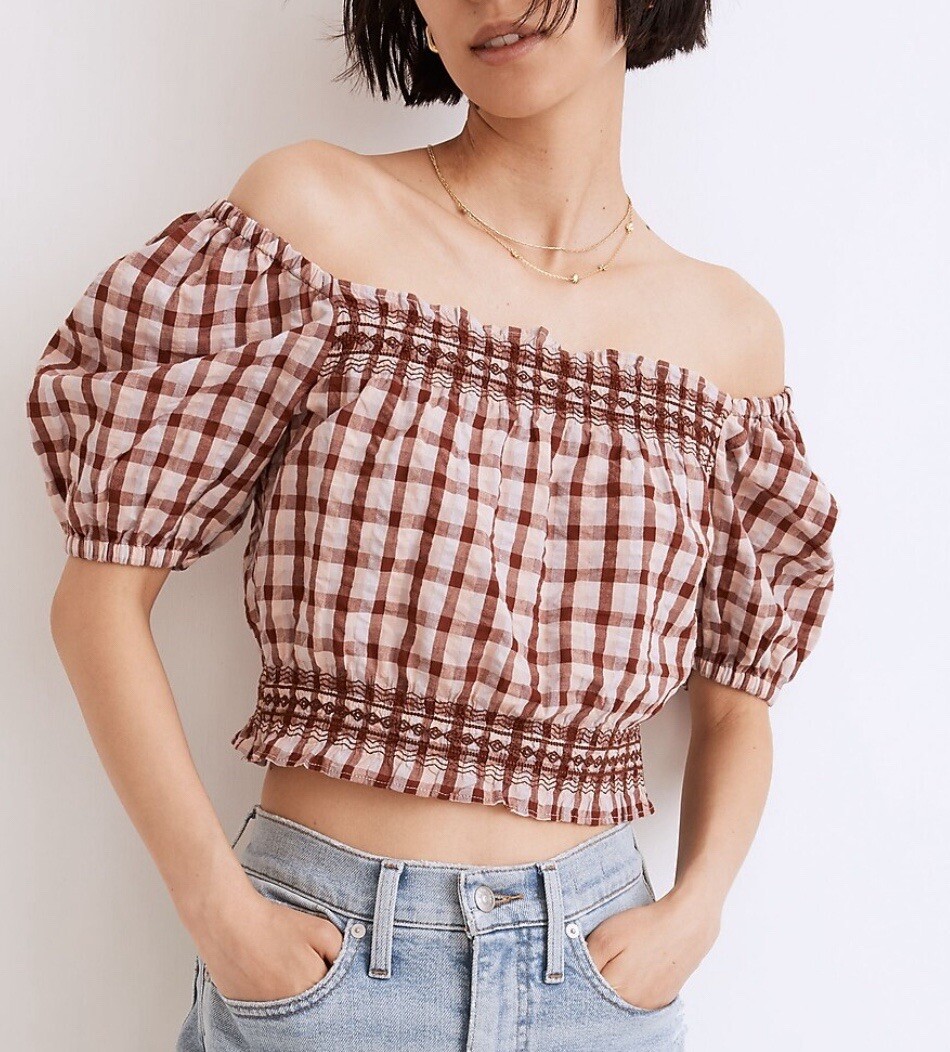 MADEWELL Jeanette Crop Top Sz M Brown Embroidered Puff Sleeve Seersucker Two Way