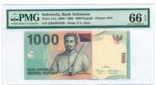 Indonesia 2000 / 2009 1,000 Rupiah Bank Note Gem Unc 66 EPQ PMG
