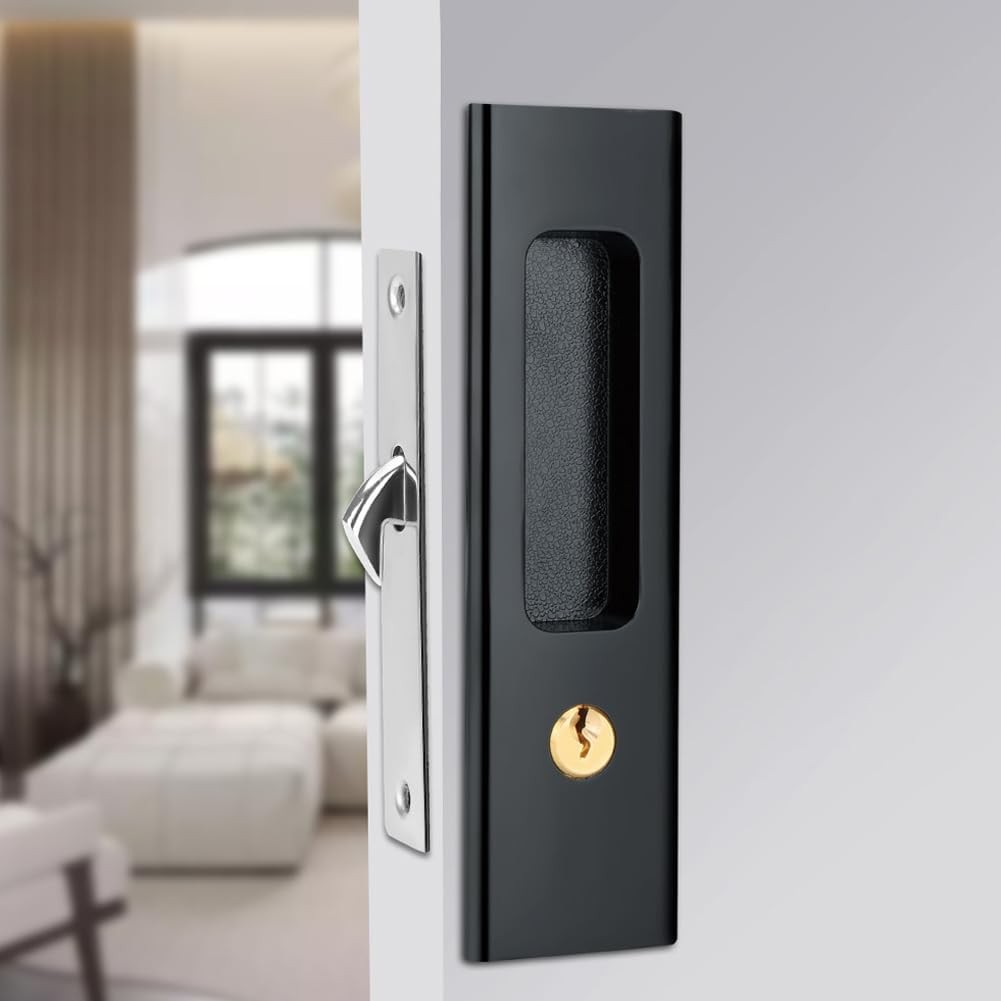 Black Sliding Barn Door Lock, Invisible Handle, Keys, Wood, Pocket Hardware