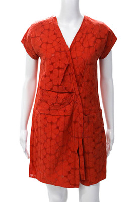 Marni Womens Cotton V-Neck Pocketed Pleated Detail Shift Dress Orange Size S
