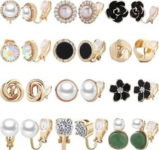 12 Pairs Clip on Earrings for Women Cute Earring Crystal Pearl Stud Charming Fas