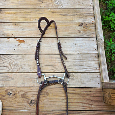 Leather Horse Bridle Headstall w/ Reins & Silver Bit, Diamond Inlay, Brown