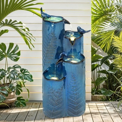 32'' H Ceramic Outdoor Water Fountain, 4-Tier Tropical Cascading Waterfall wit...