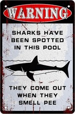 Funny Swimming Pool Sharks Danger Warning Sign Home Bathroom Tin Metal Signs