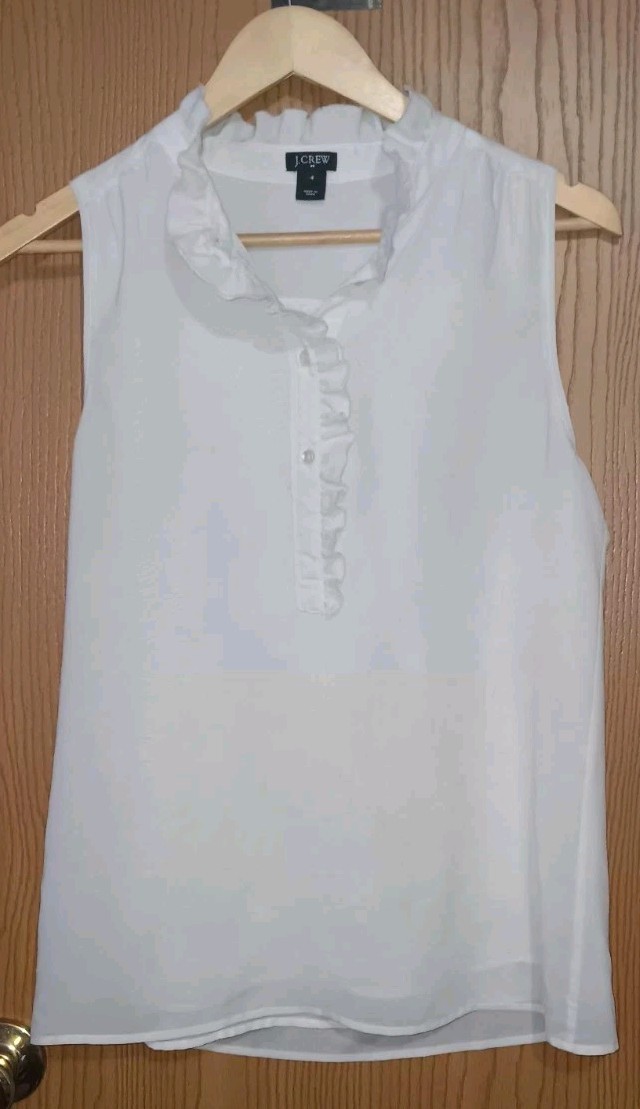 J Crew Sleeveless Blouse Womens Size 4 White Partial Button Up Ruffled Sheer