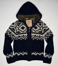 Vintage Y2k Hollister Hooded Cardigan Sweater Blue Fair Isle Chunky Knit L