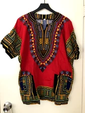 Dashiki Shirt Men Women XL Tunic Tribal African Pattern Red Yellow w/ Pockets