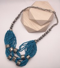 Southwestern Blue Seed Bead Statement Necklace with Silvertone Beads for Women