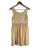 Forever 21 Light Yellow Sleeveless Mini Dress Bodice Flared Skater Lace Trim L