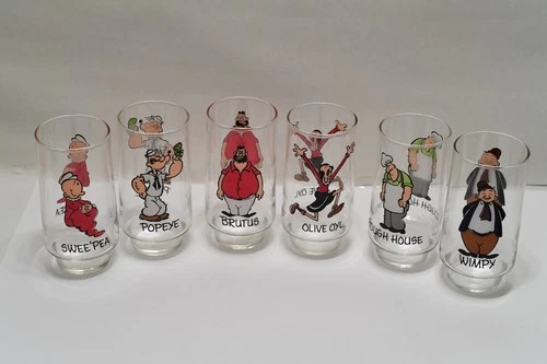 Vintage Complete Set 6 Popeye 1975 Coke Kollect a Set Series Collector Glasses