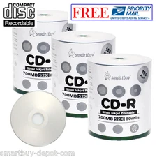 300 Pcs SmartBuy Blank CD-R CDR 52X 700MB/80Min Silver Inkjet Hub Printable Disc